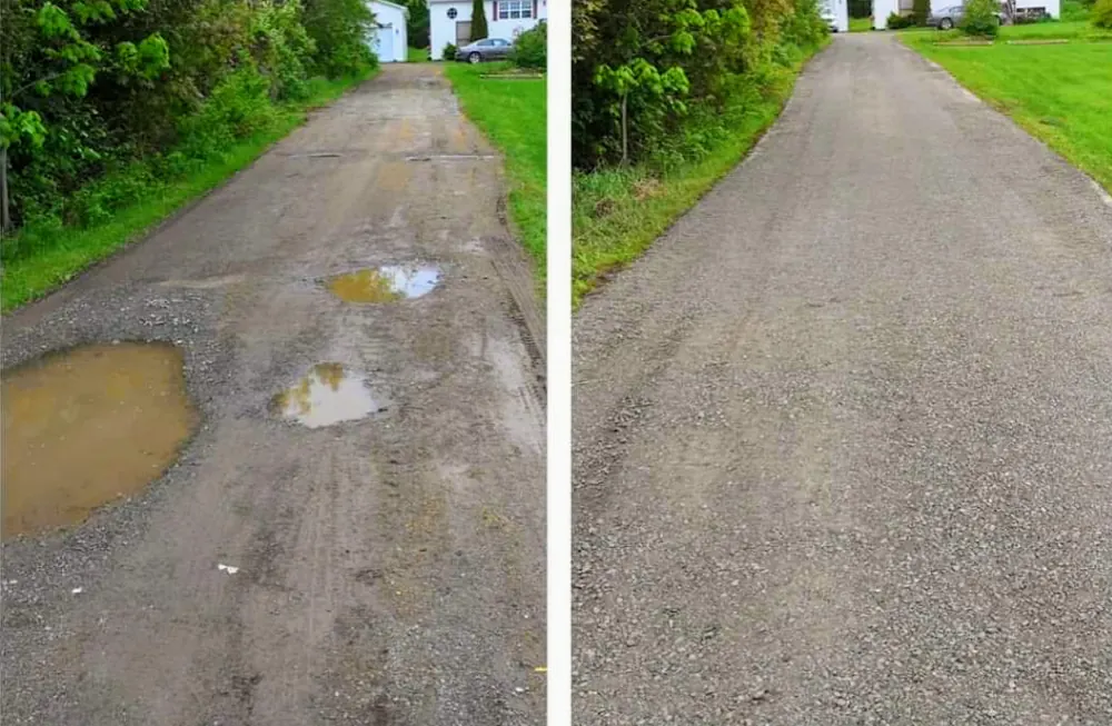 Residential driveway before and after repair and regrading